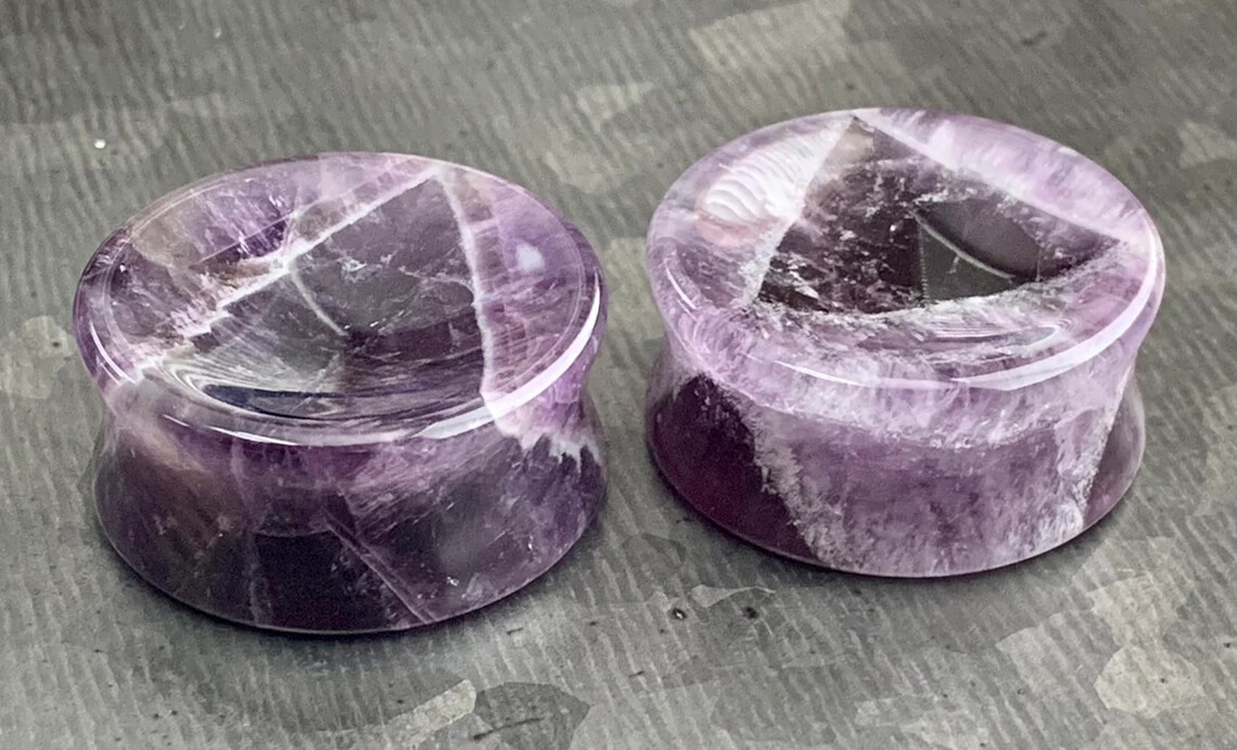 PAIR Concave Amethyst Stone Plugs Natural Organic Earlets Amythest Tunnel Gauges