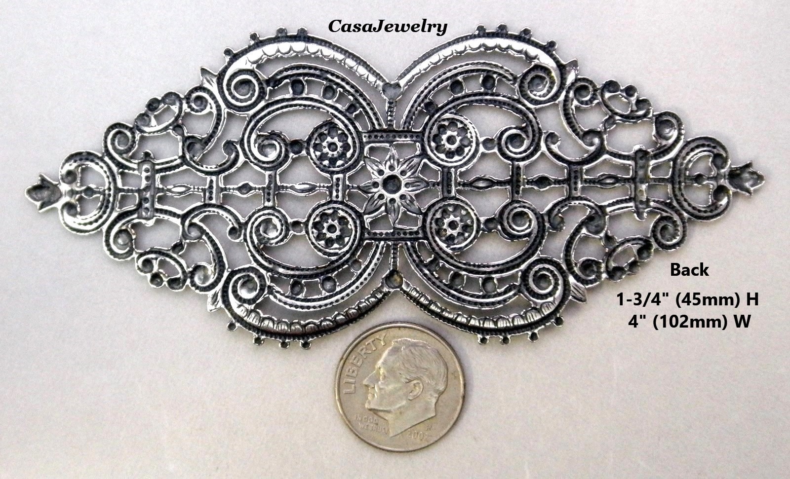 #1864 ANTIQUED .925 STERLING SILVER PLATED FILIGREE BARRETTE COMPONENT – 1 Pc