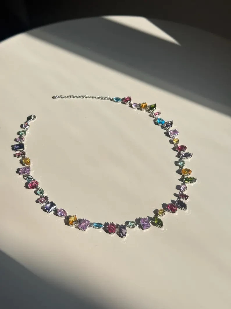 15Ct Multi Lab Created Multicolor Women’s Tennis Necklace 14K White Gold Plated