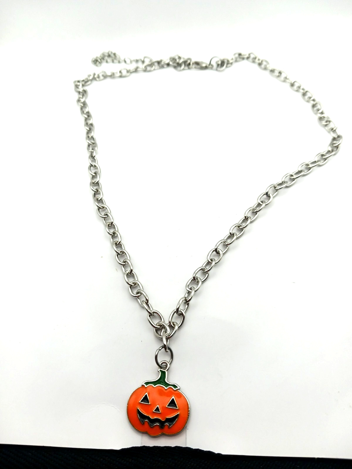 Jack O Lantern Halloween Silver Tone Pendant Necklace-21 Inches