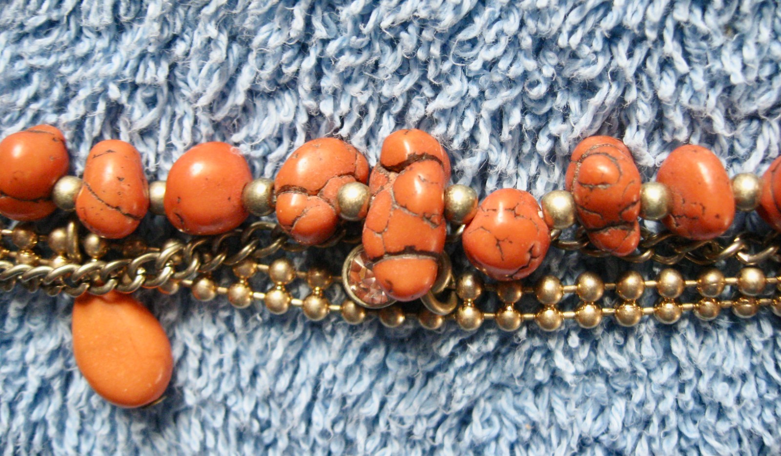 “T” Logo FLOATING 3 STRAND Orange Turquoise Beaded Necklace; Chain; Cord Lobster