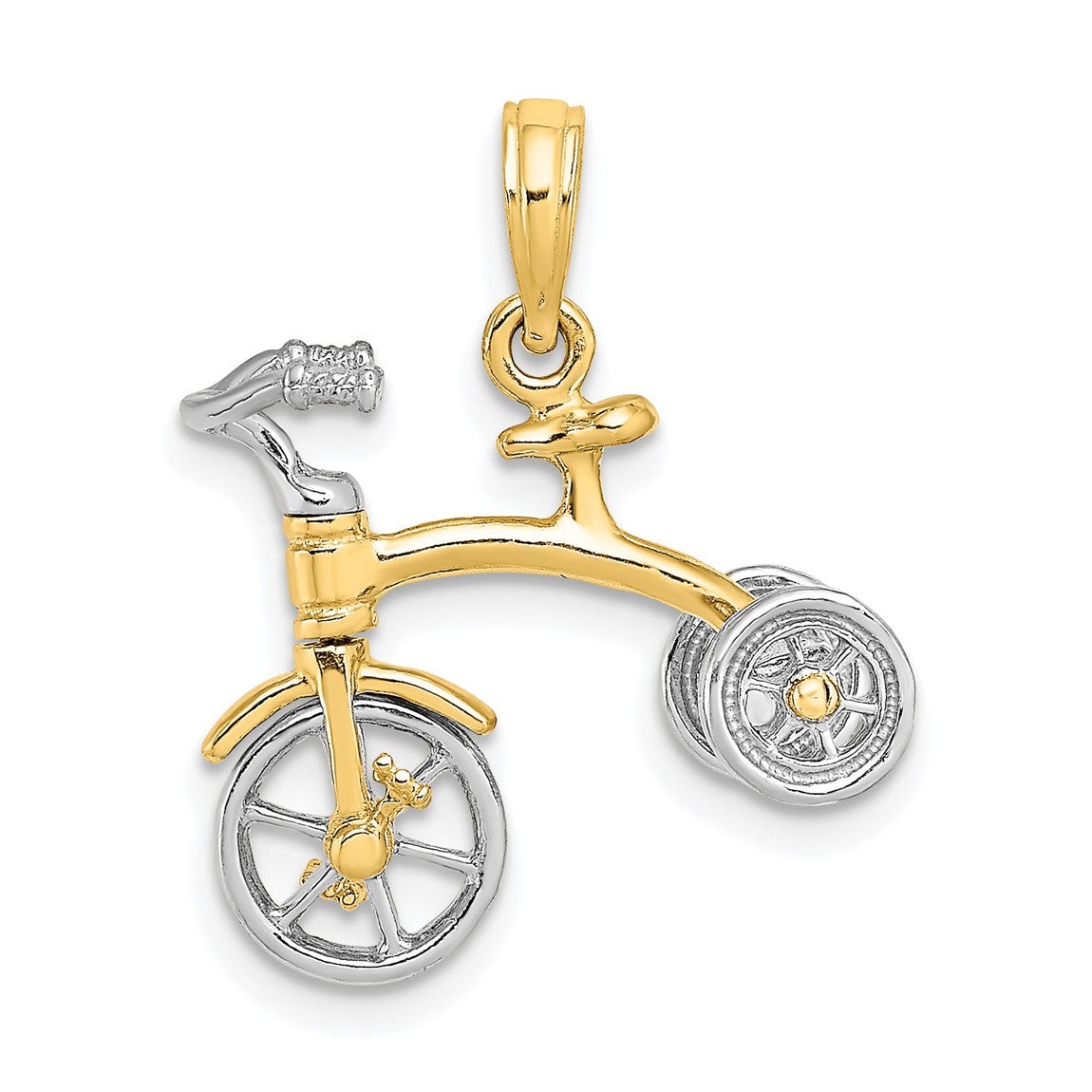 14k Yellow and White Gold 3-D Tricycle w/ Moveable Handlebars and Wheels Pendant