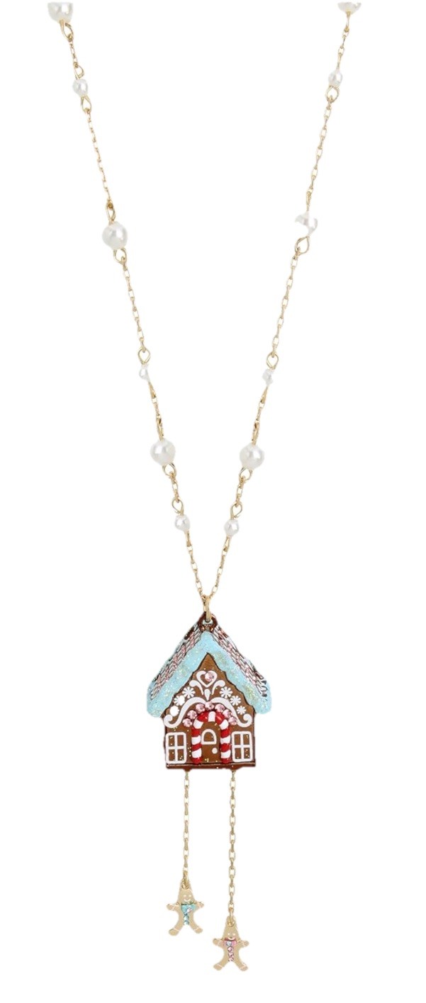 Betsey Johnson Gingerbread Necklace NEW House Dangly Pendant 28 inch in Gift Box