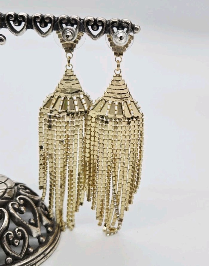 Crystal Chandelier Earrings Fringe Waterfall Dangle Gold Tone Pierced 3.75 in