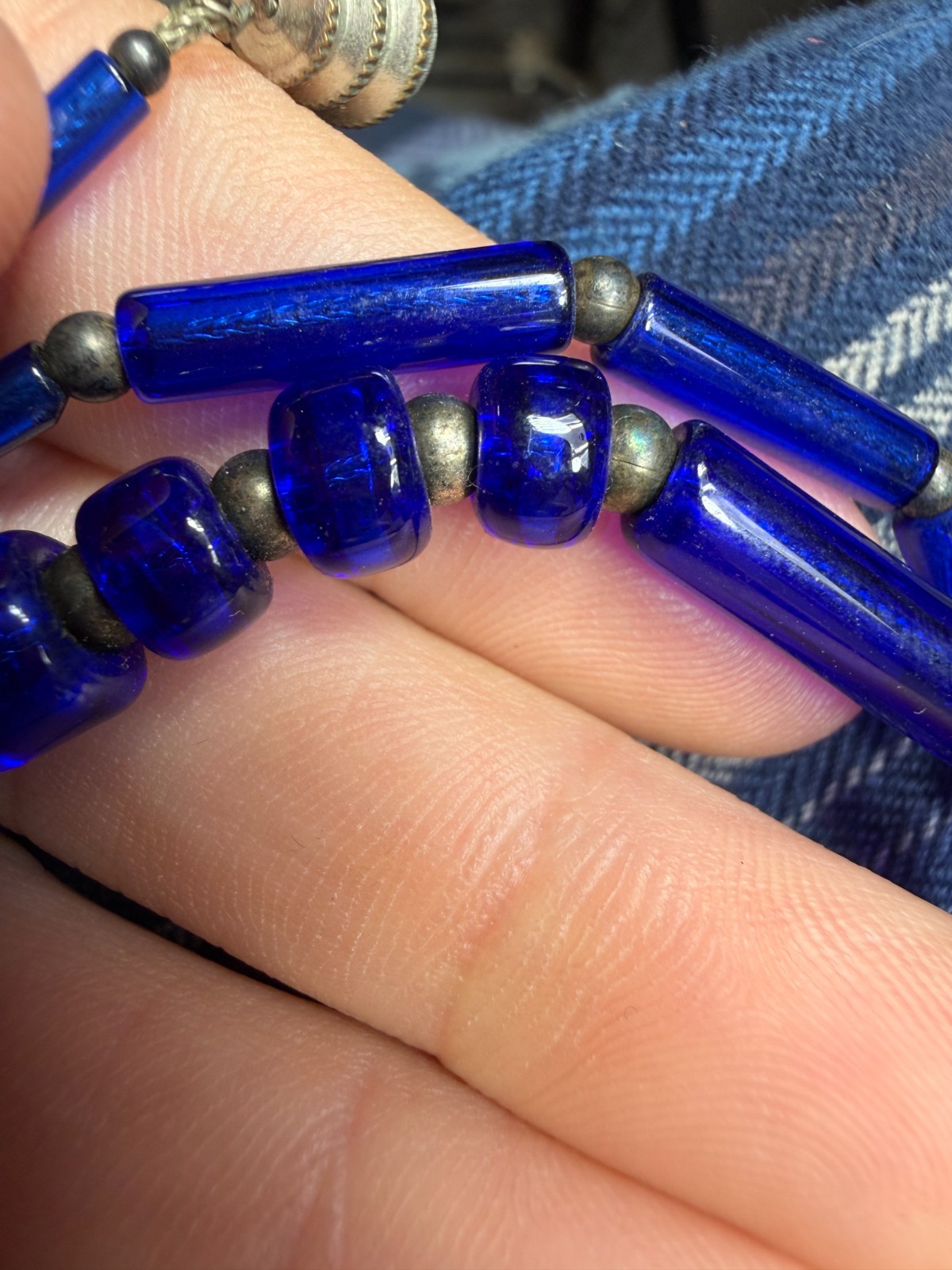 Vintage Necklace Art Deco Blue Cobalt Blue Glass Beads 18 Inch Barrel Clasp