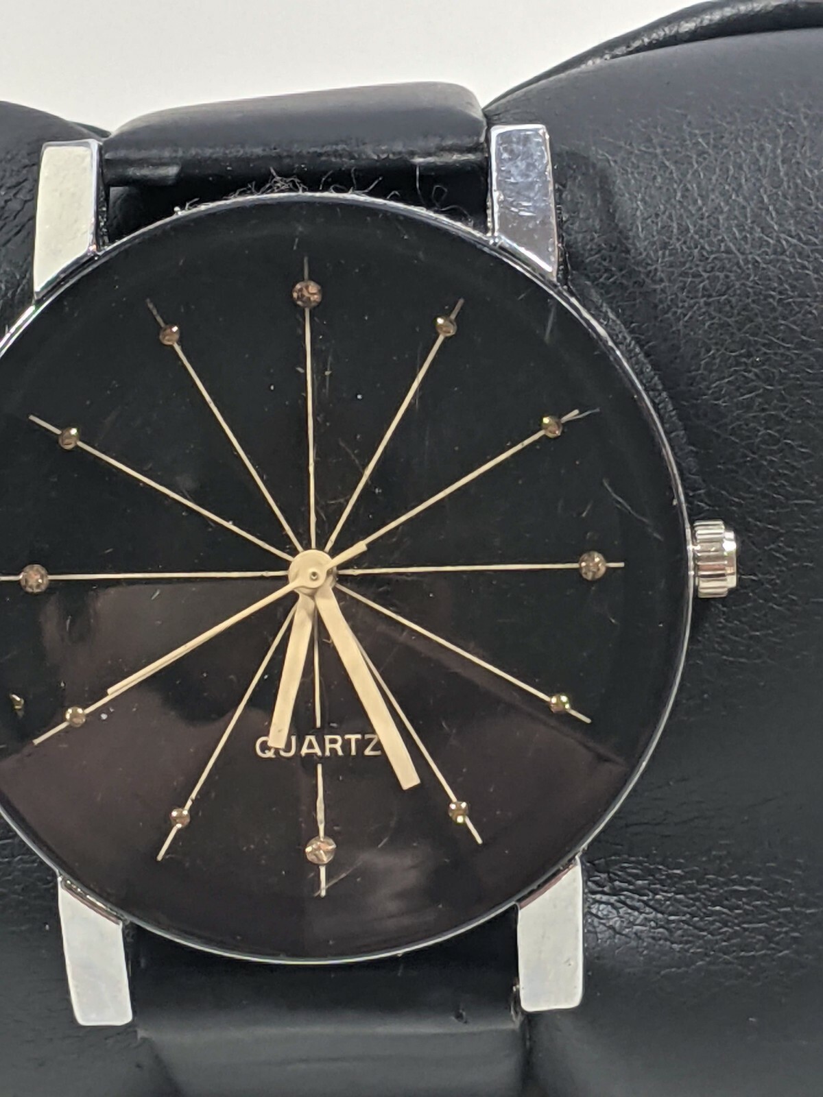 Black Dial Round Case Prism Crystal Black Bezel Black Faux Leather Band Watch
