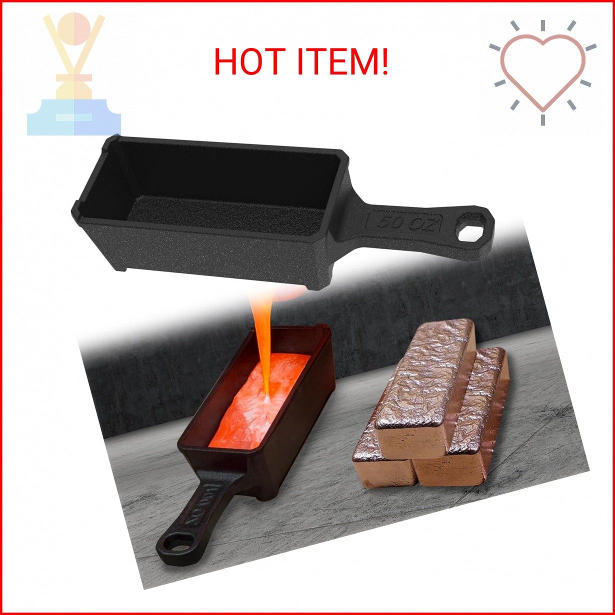 Nelyrho 50 oz Troy Ounce Cast Iron Loaf Bar Ingot Mold Crucible with Handle for