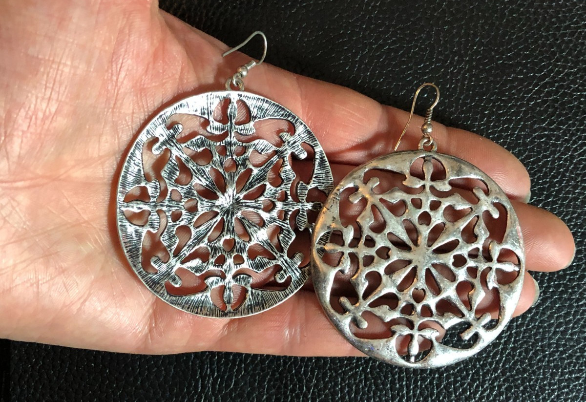 SILVER Big Statement EARRINGS Fashion Oxidized Finish Medallion Boho 2.75″ 8035