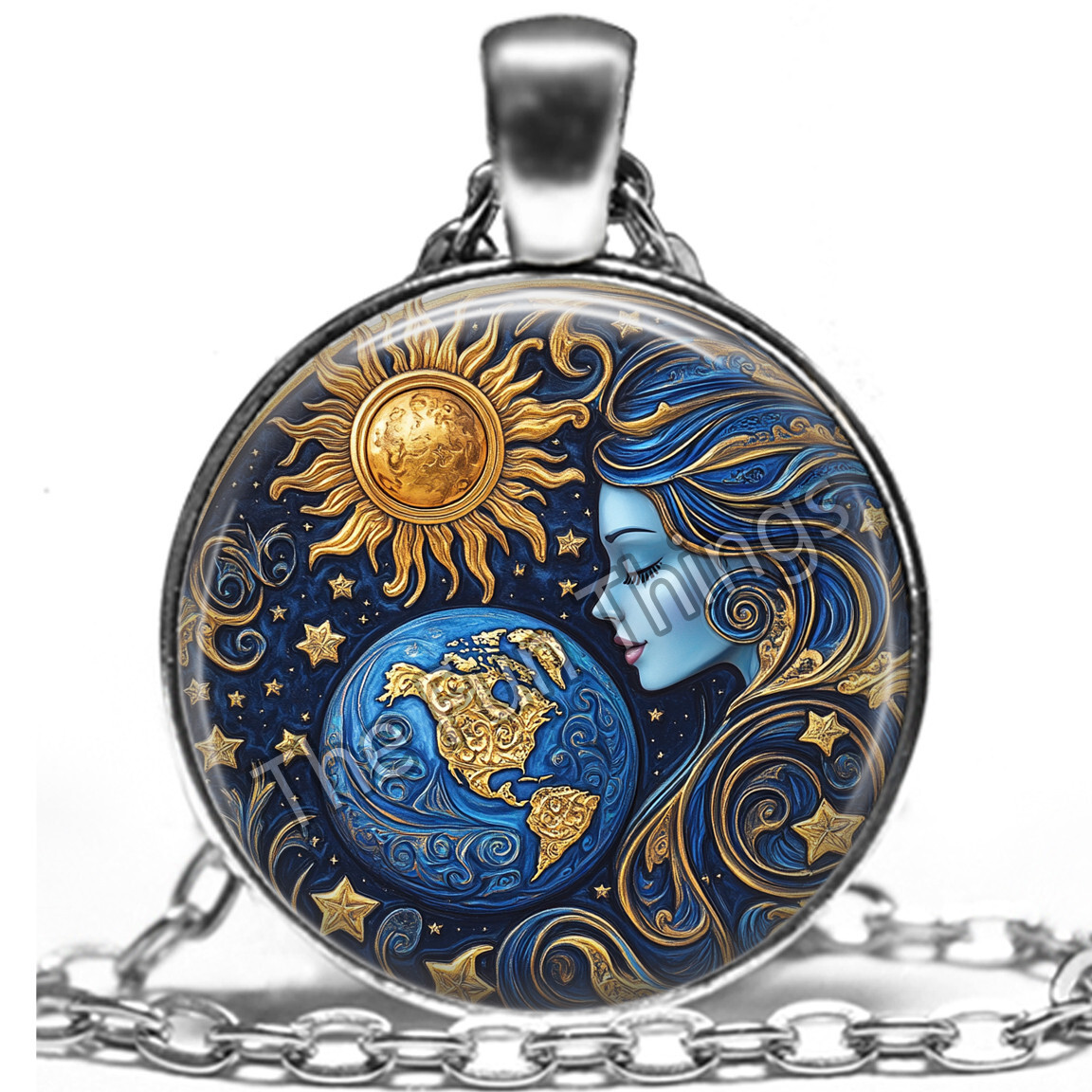 Celestial Art Print Starry Night Sun Moon Necklace Pendant & 24″ Link Chain