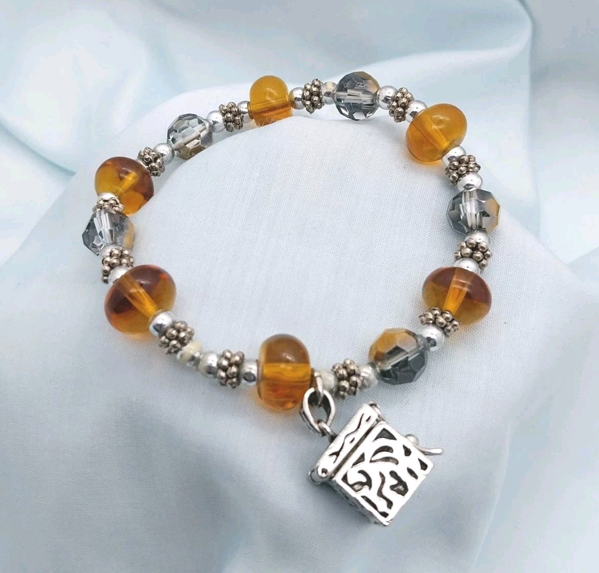 Alexa’s Angels Silver Tone Prayer Box Bracelet Amber & Iridescent Faceted Beads