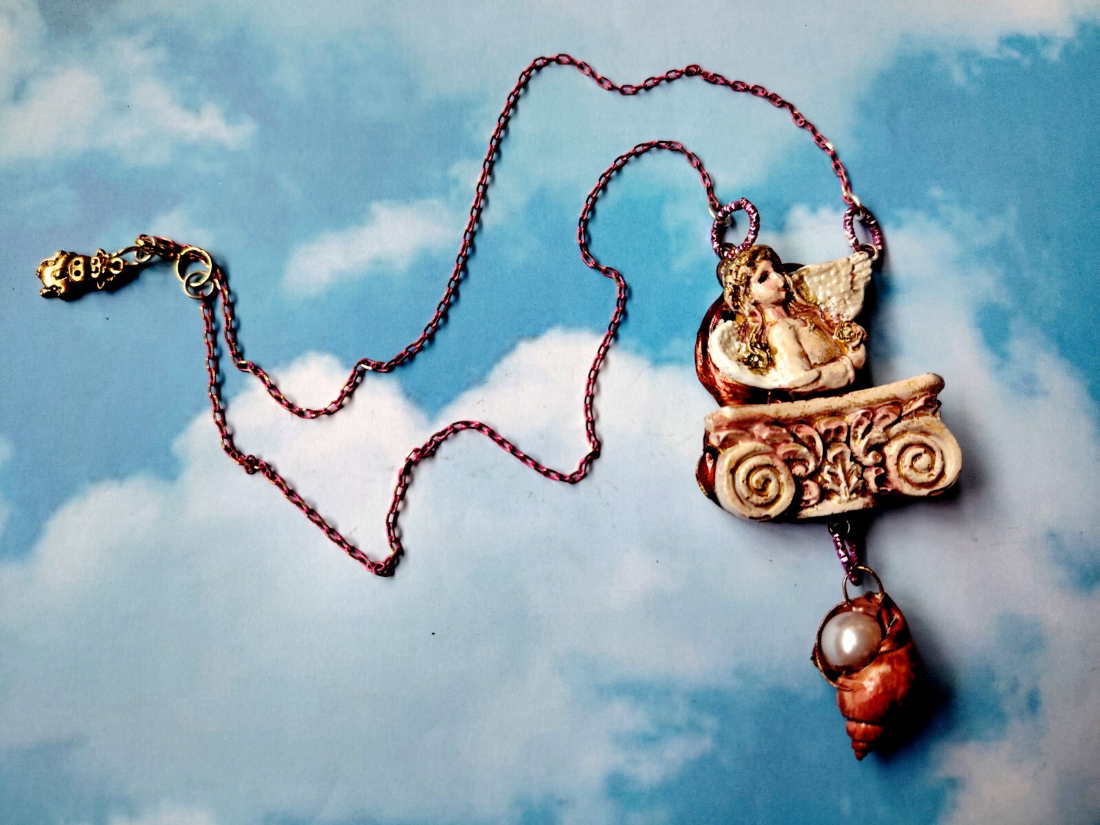 Necklace Winged Angel Cherub Talisman Baroque Pendant Amulet Shell Jewelry Charm