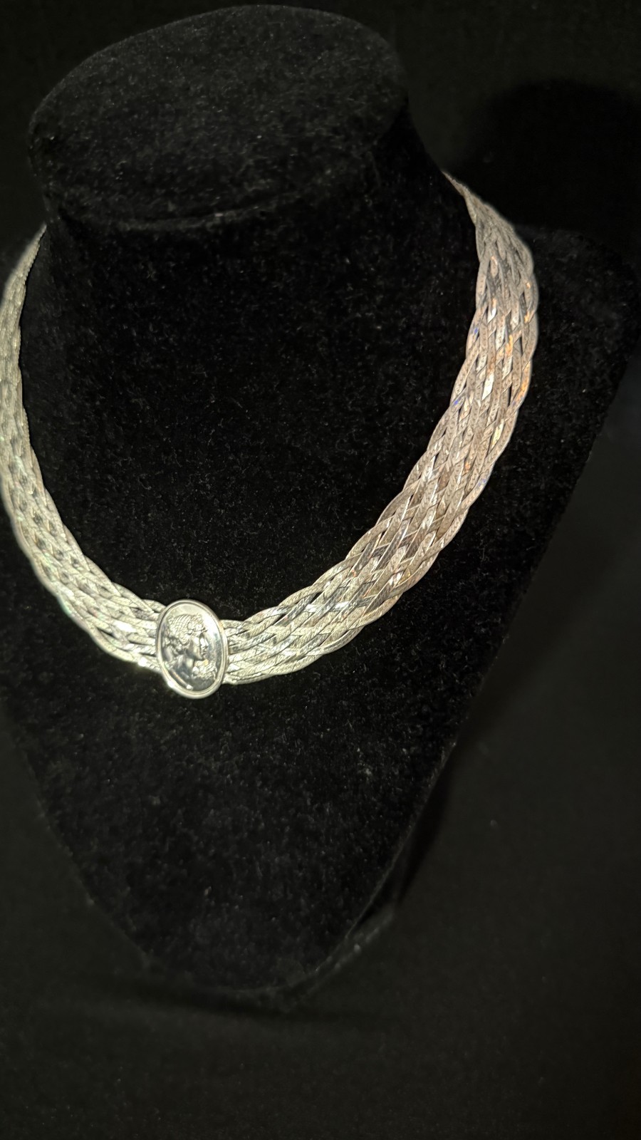 Vintage Italian Milor Sterling Silver Woven Herringbone Cameo Medallion Necklace