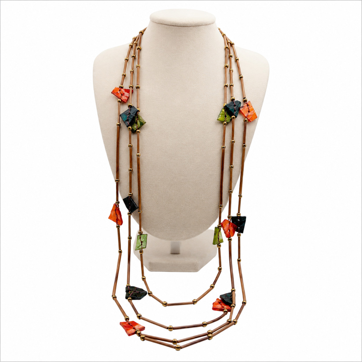 Tribal Boho 3 Strand Glass Wood Eco Necklace 34″ Botanical Harvest Philippines