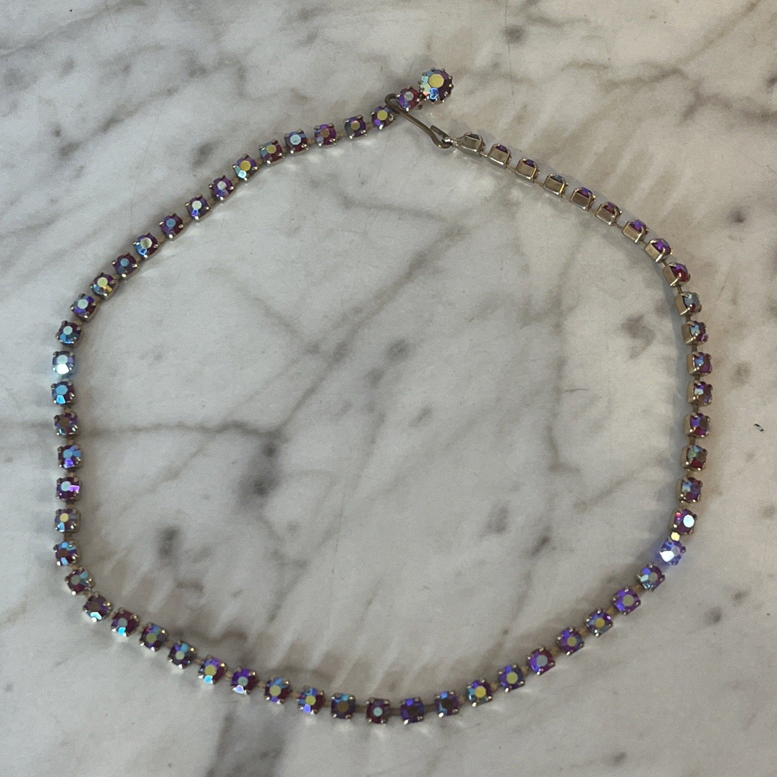 Rainbow Rhinestone Tennis Necklace Choker Iridescent Hook Clasp 15in Vintage