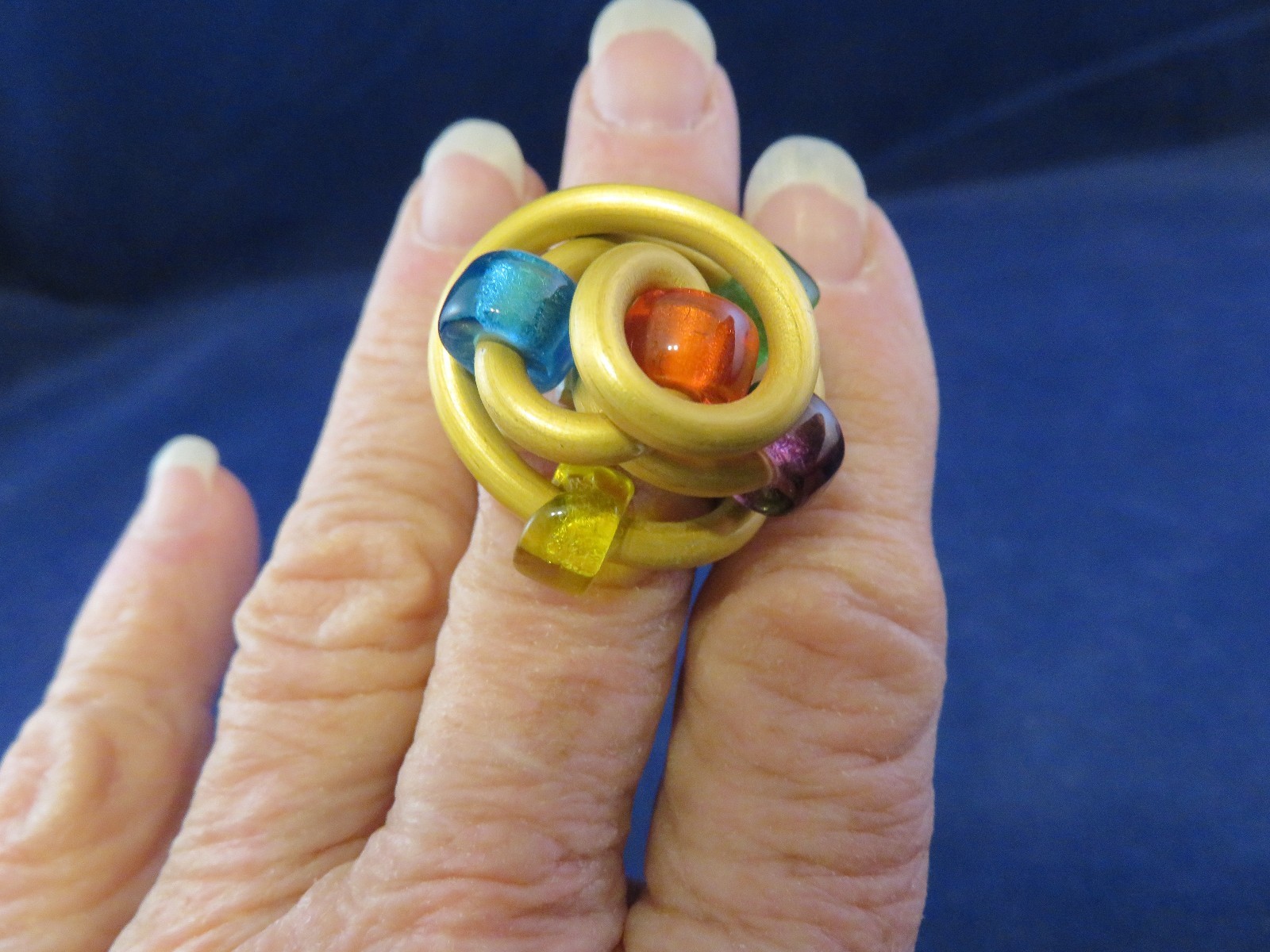 Fun Ring Golden Color Coated Thick Wire Sz. 7 w 5 Colorful Beads (1187)