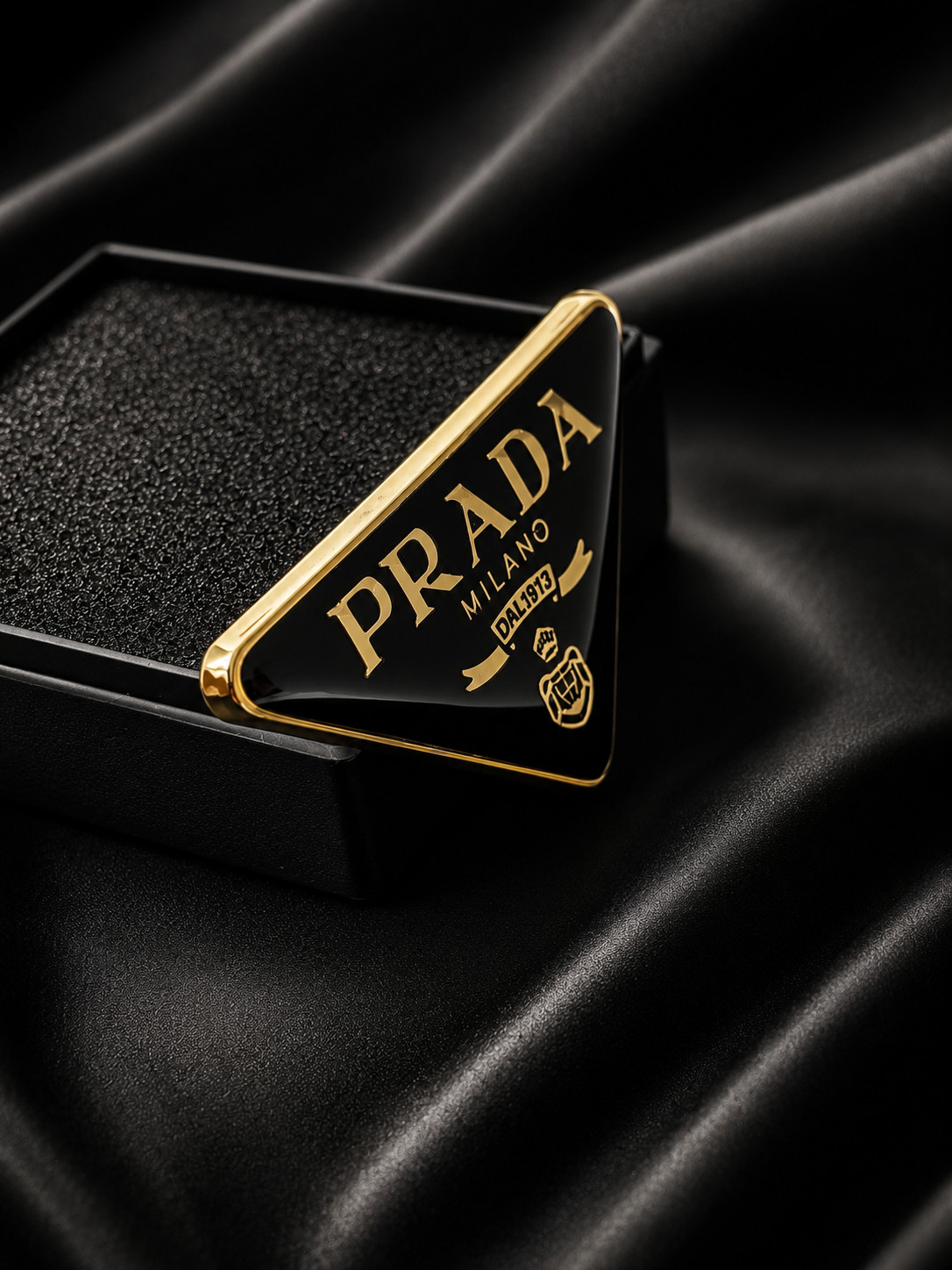 Prada Enameled-metal Triangle Gold Logo Brooch Pin Black Jewelry Gift
