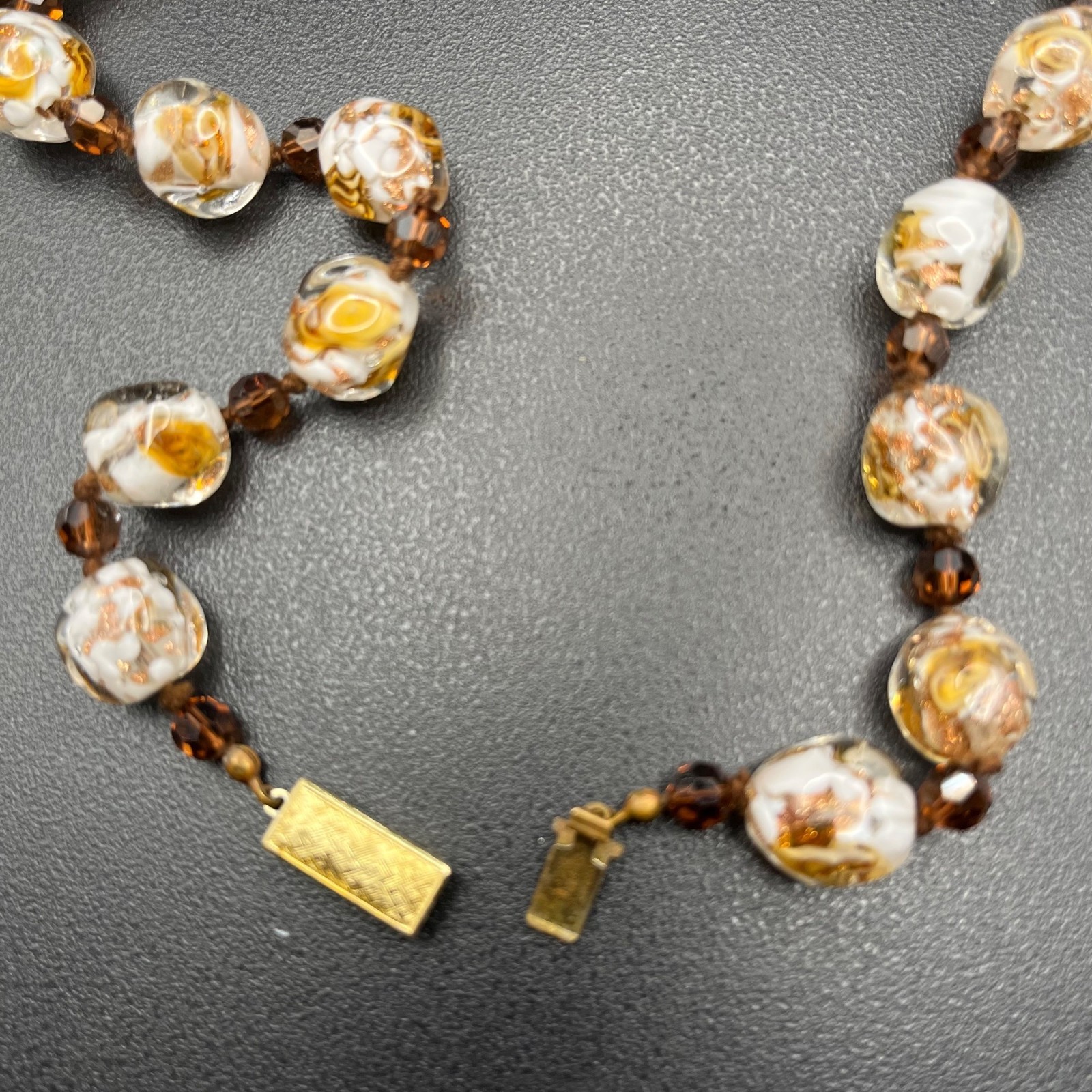 Vintage Art Glass Necklace Gold Foil Beads Lamp Work Smoky Brown Spacers 20″ WOW