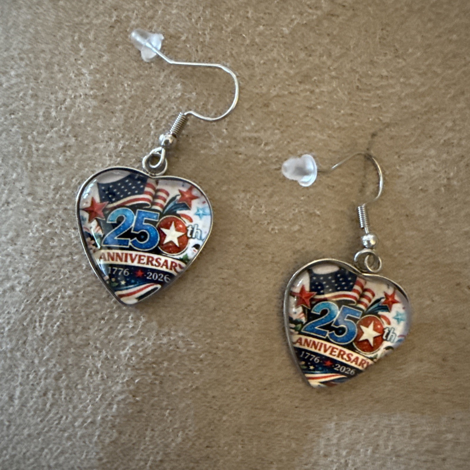 Love These 250th Anniversary W/American Flags Dangle Heart Shaped Earrings