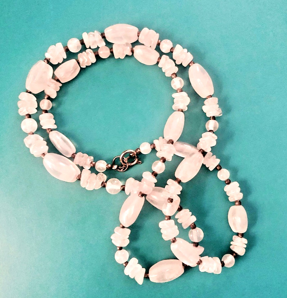 Vintage 34″ QUARTZ Stone BEAD NECKLACE~ White Semi Transparent Polished Ovals