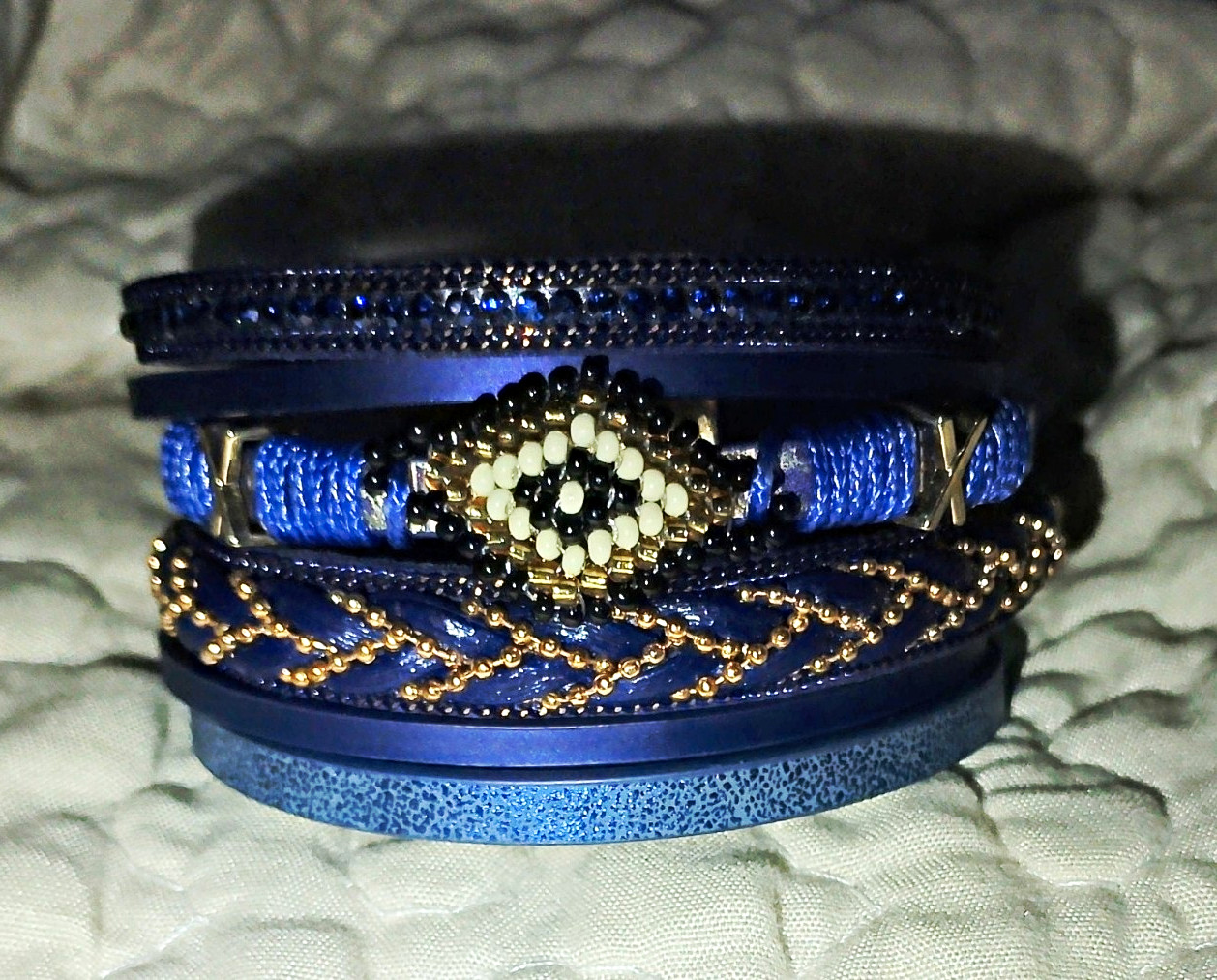 Blue Multi-Strand Wrap Cuff Bracelet Gold Magnetic Clasp Navy Blue