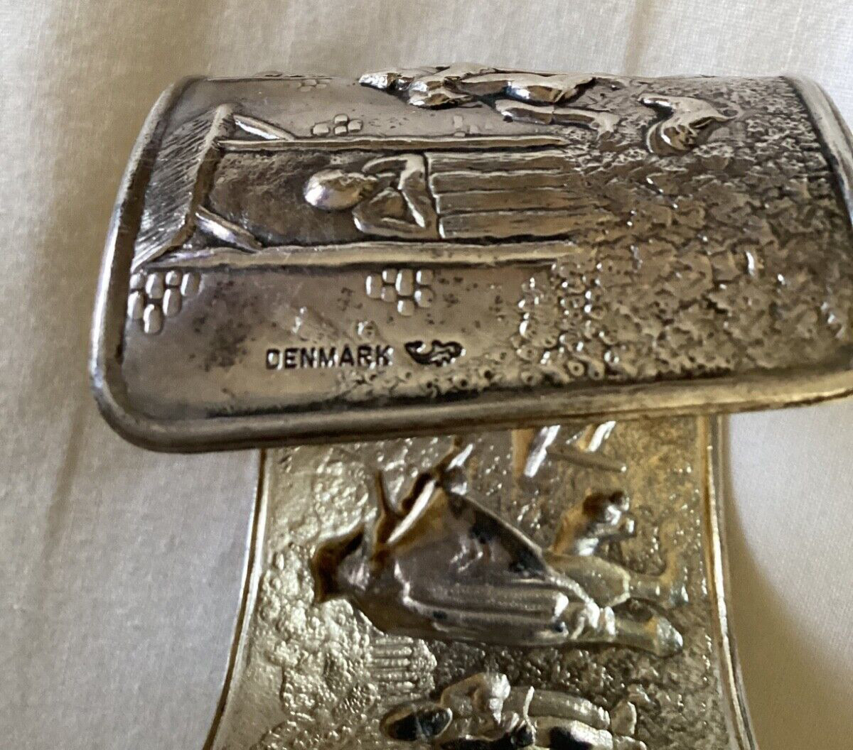DANISH Vintage Silver 2” Cuff Bracelet-Repousse-Tavern Scene-marked Denmark