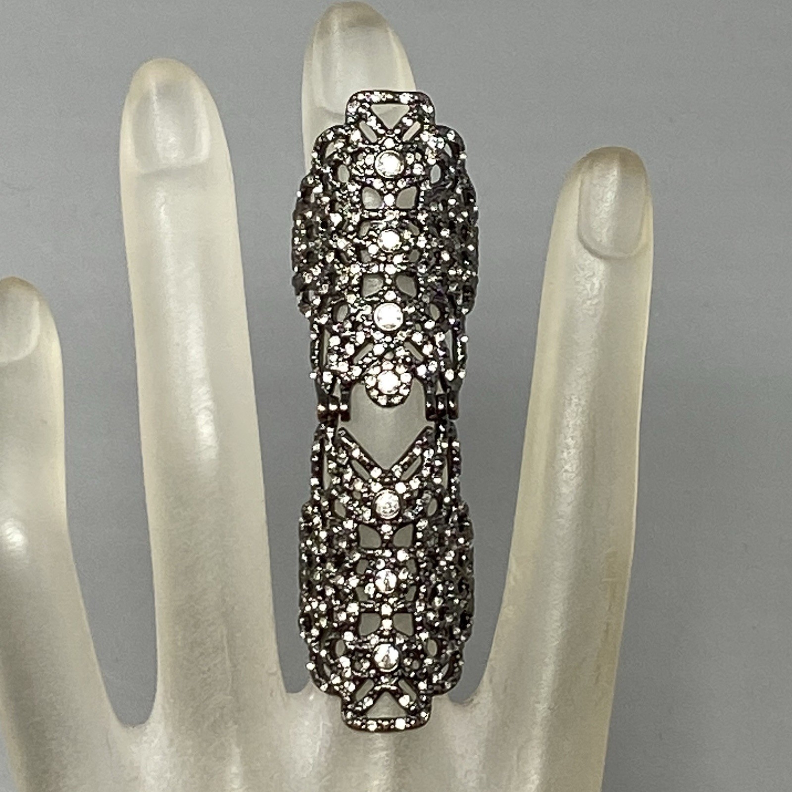 Joint Full Finger Ring Black Metal Clear Rhinestones Victorian Style Goth 7″