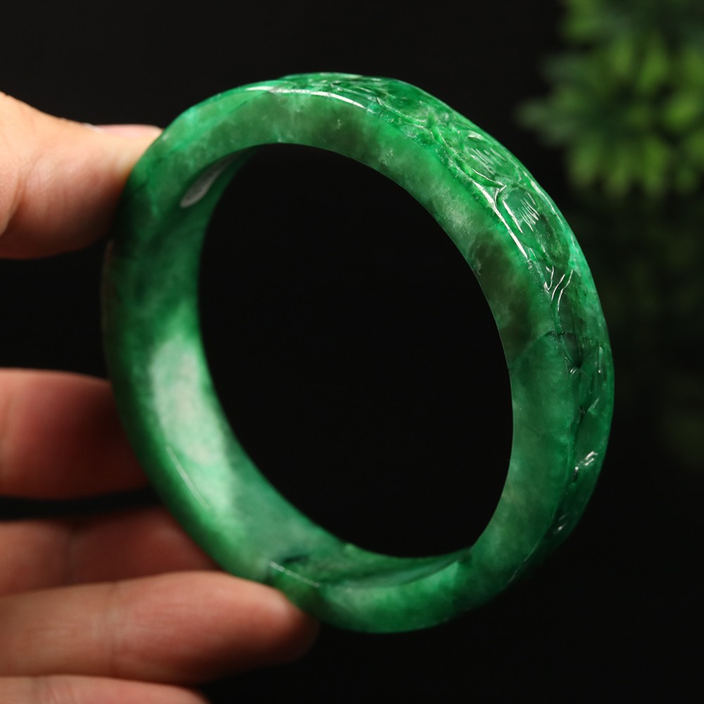 61mm Emerald Green Jadeite Jade Bangle Bracelet Coin Ruyi Flower Rabbit A-14885