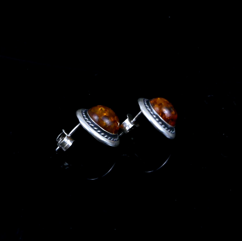 Baltic Amber 925 Silver Stud Earrings Vintage Round Ø1.5cm