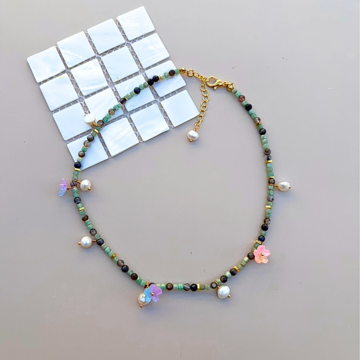 Blooming in the Garden Natural Agate Amazonite Pearl Flower Necklace 14–17 in