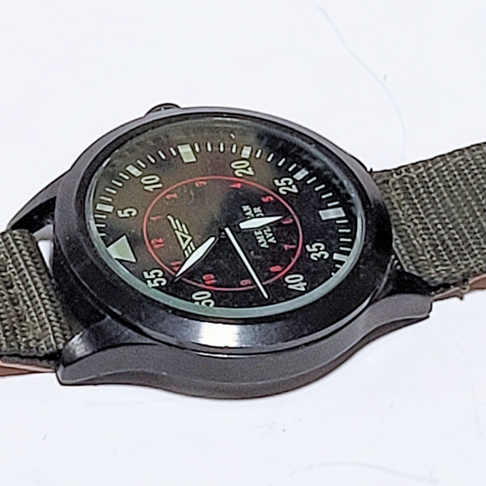 American Aviator 1945 Black Tone Quartz Wristwatch Field Watch Olive Green Band