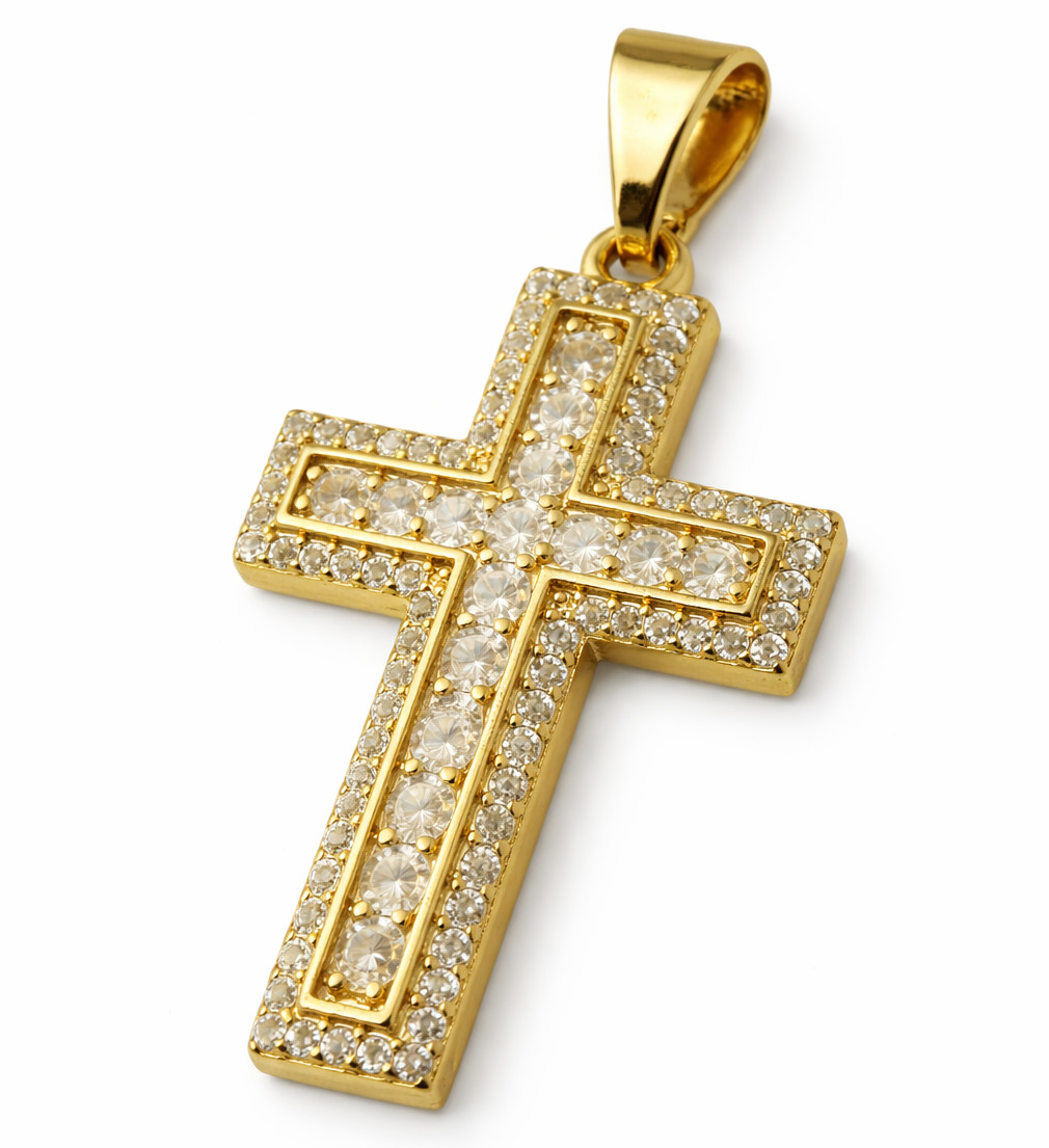 Italian 1/200 14k Yellow Gold Two Row CZ Catholic Cross Religious Pendant
