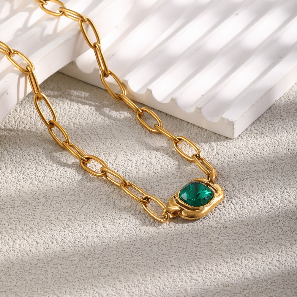 Square Pendant 18K Gold Plated Stainless Steel Necklace Green CZ Stone