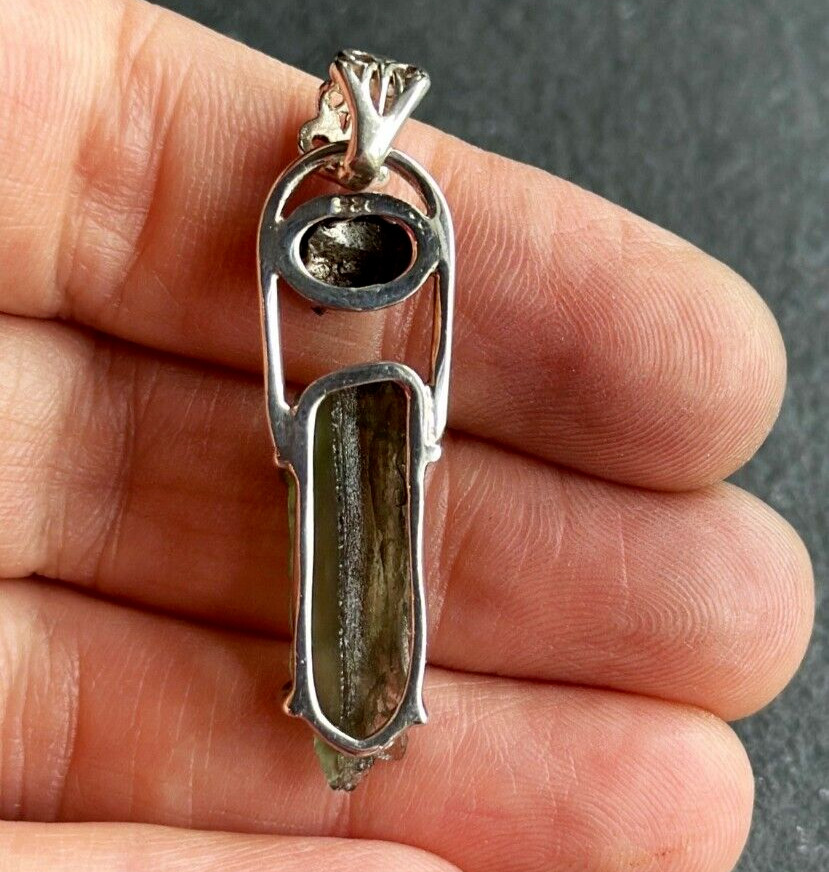 Natural Moldavite & Meteorite Raw Sterling Silver Pendant