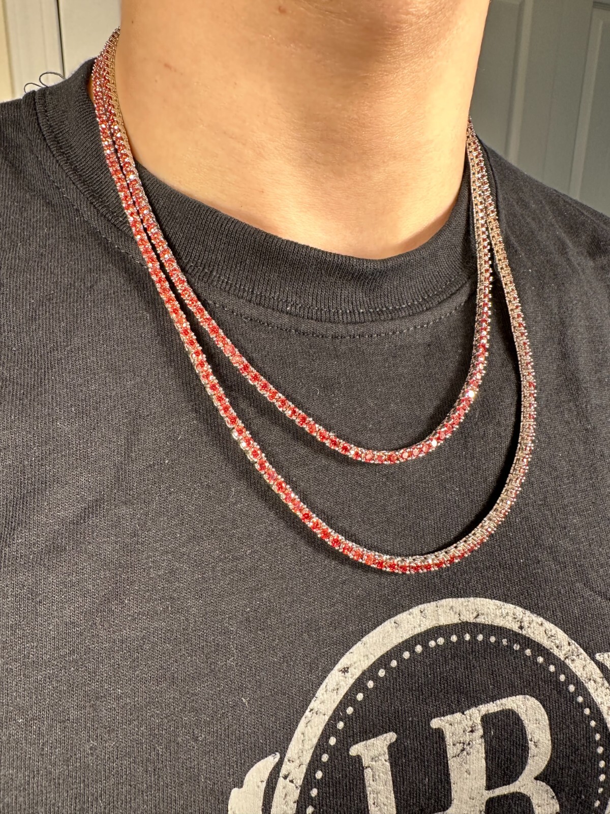 Real Ruby Red MOISSANITE 3mm Tennis Chain 925 Silver Iced Necklace Pass Test