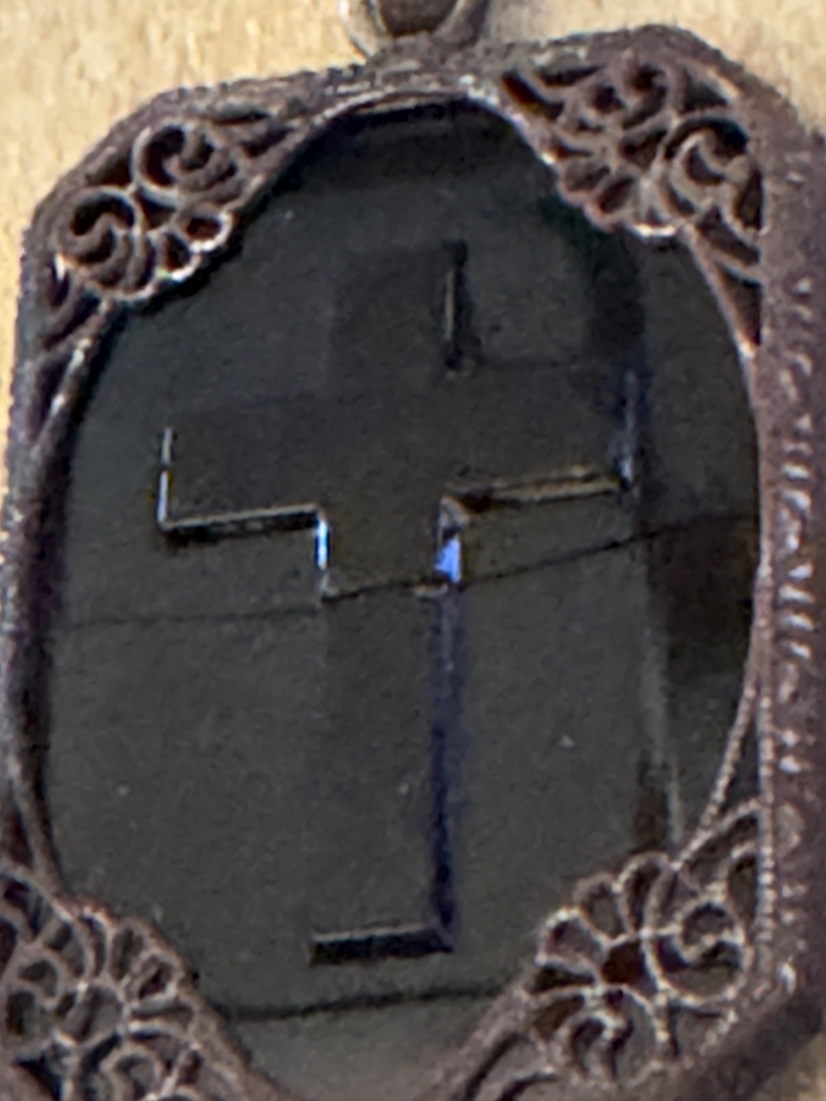 Antique Ornate Border with Black Onyx Mourning Pendant Etched Cross & Star Prism