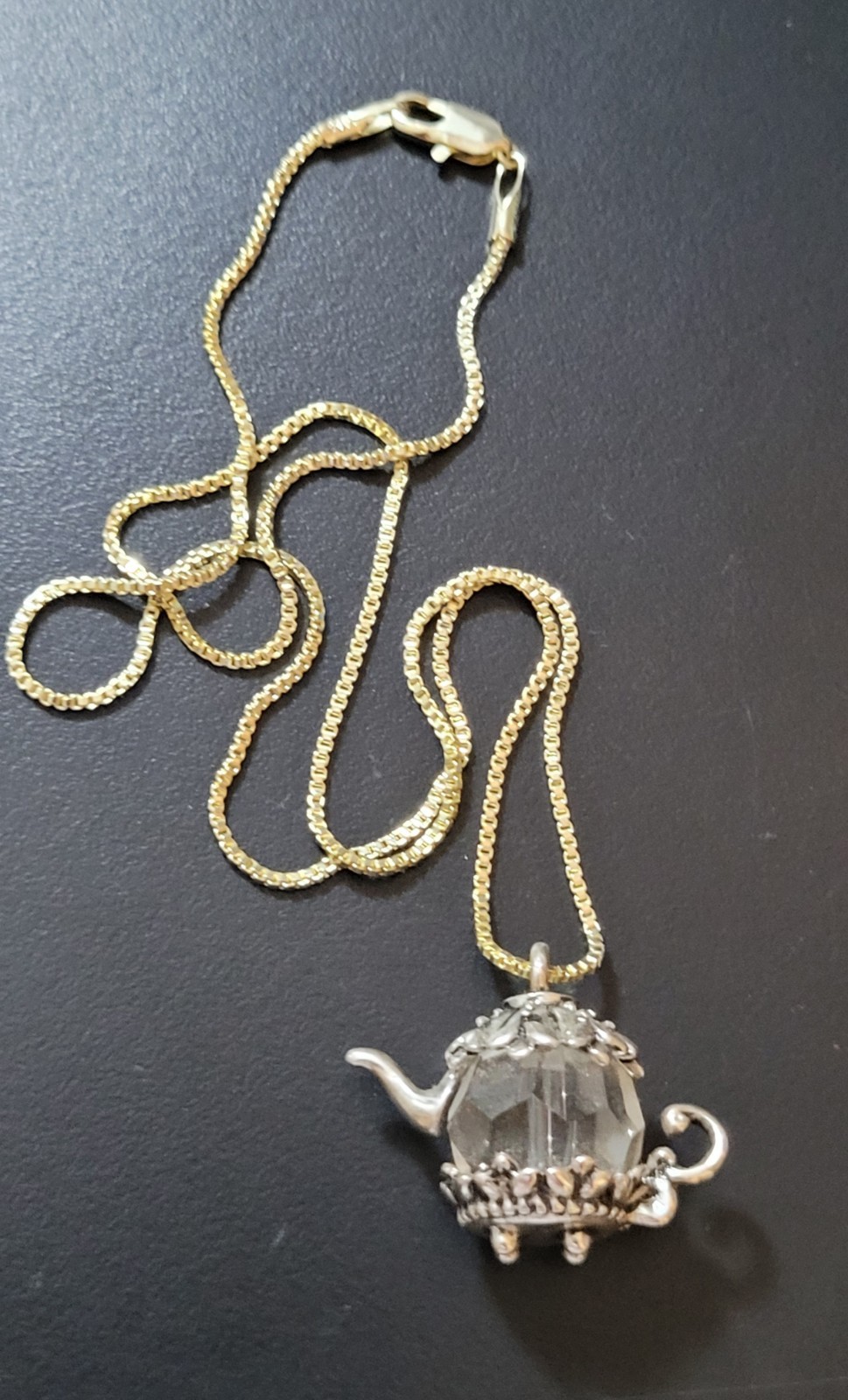 Silver Chain Necklace W/ Whimsical Teapot Charm Pendant Clear Crystal 19-24in