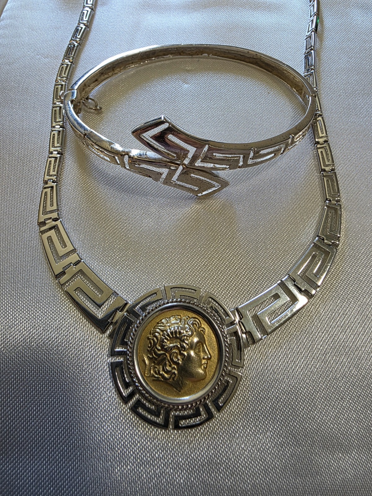 925 Sterling Silver Greek Key Necklace & Bracelet Set Gold-Tone Medallion