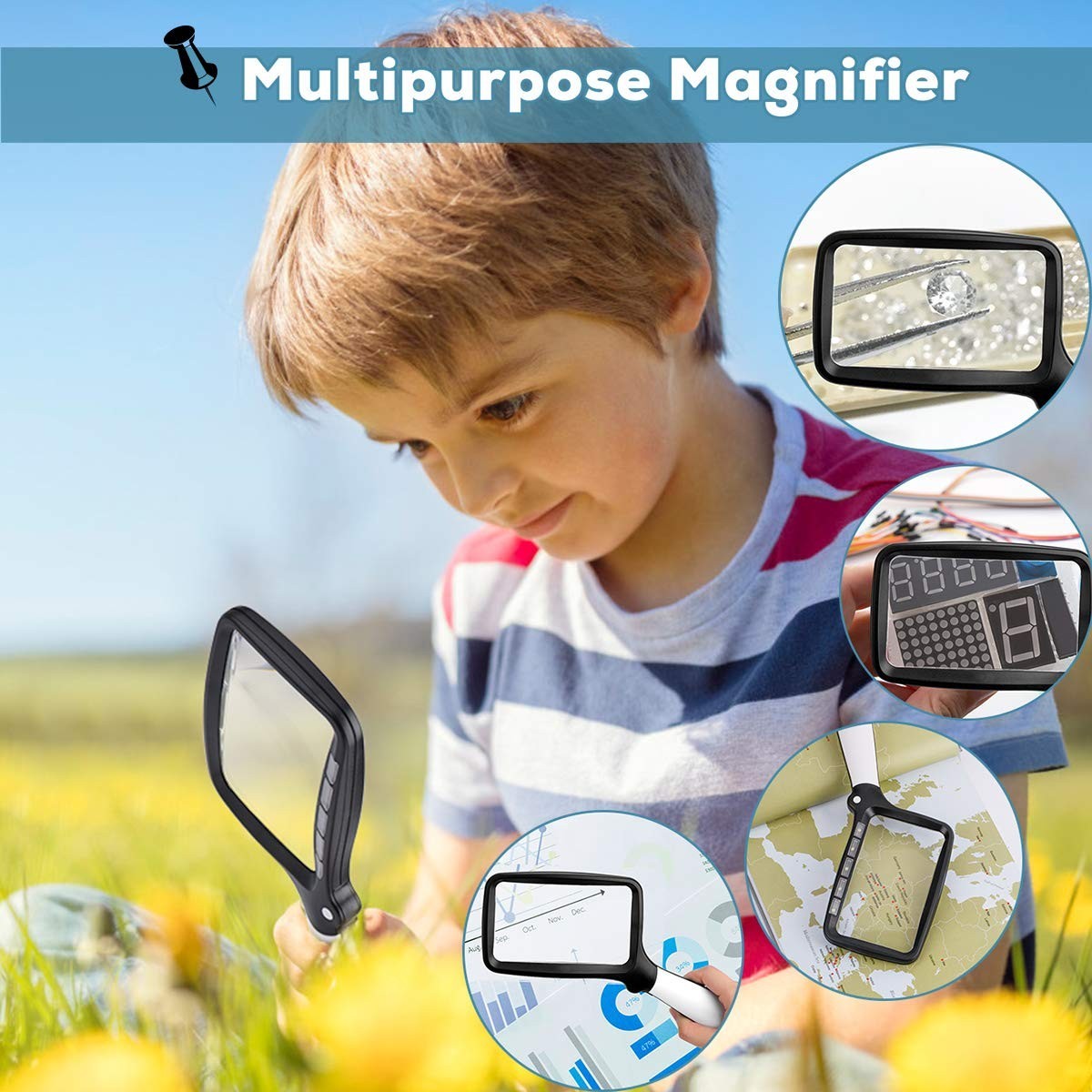 5X Folding Handheld Magnifying Glass with LED Light – Large Rectangle Magnifier