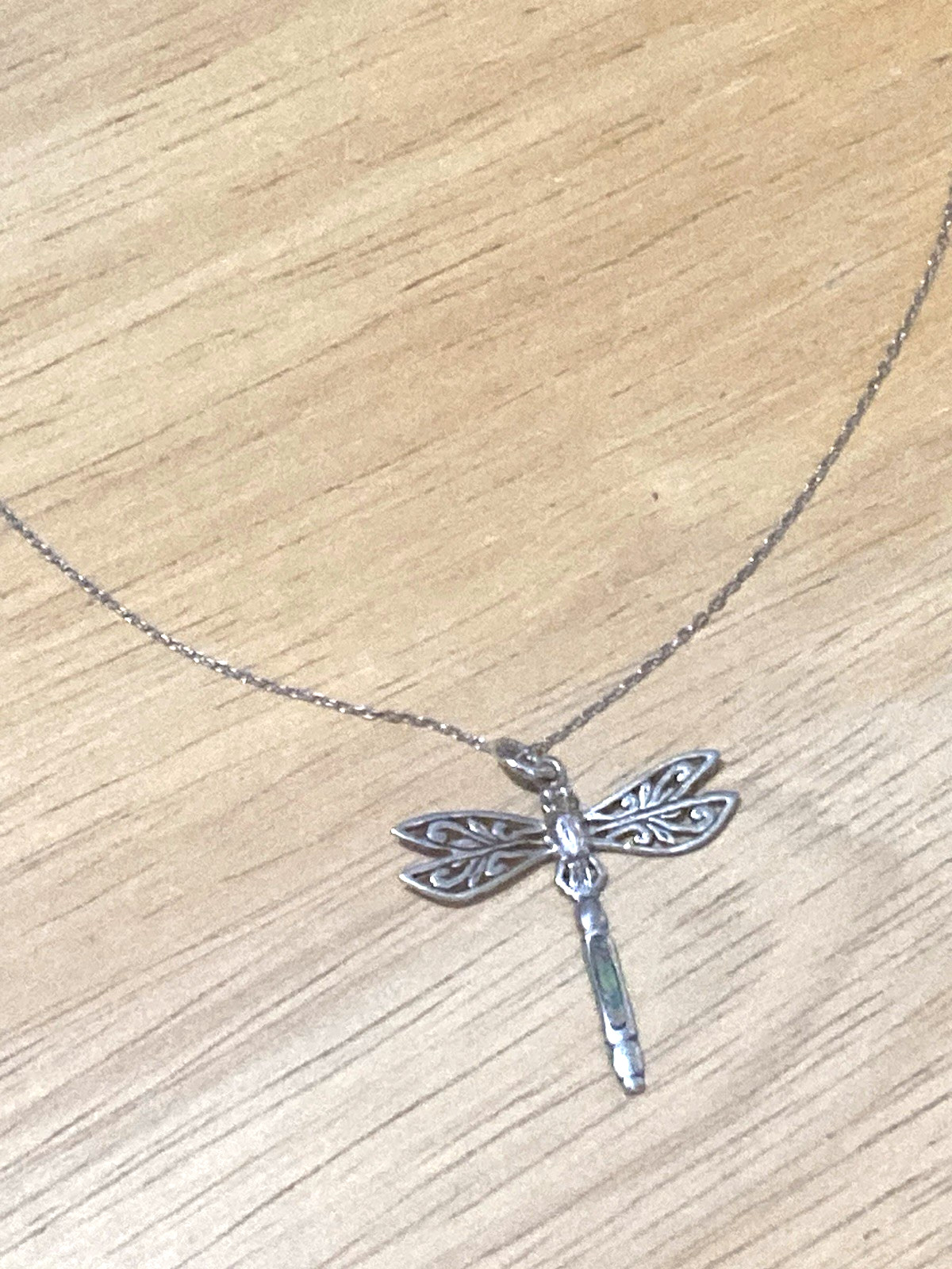Vintage Peter Stone Pendant Necklace Sterling Silver Dragonfly Abalone Charm 925