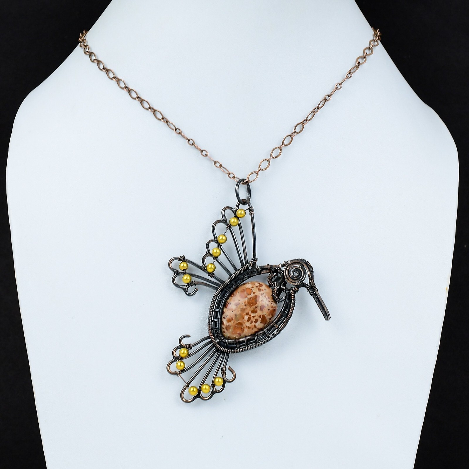 Gift For Women Jewelry Wire Wrapped Bird Pendant Copper Asteroid Jasper 3.82″