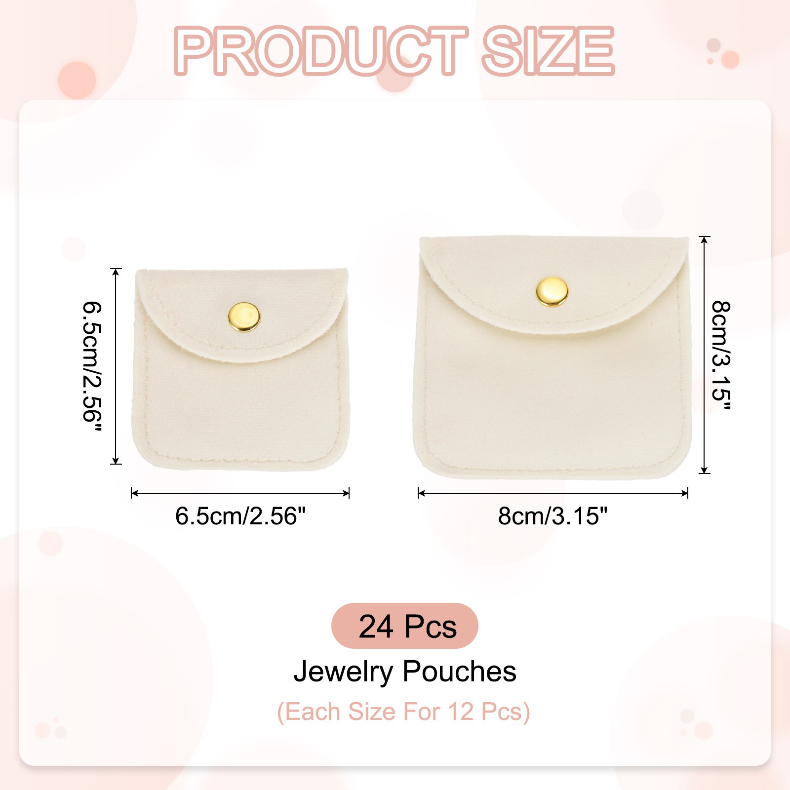 6 Pcs Velvet Jewelry Pouches Gift Bag with Snap Button (2″x2″/3″x3″) White