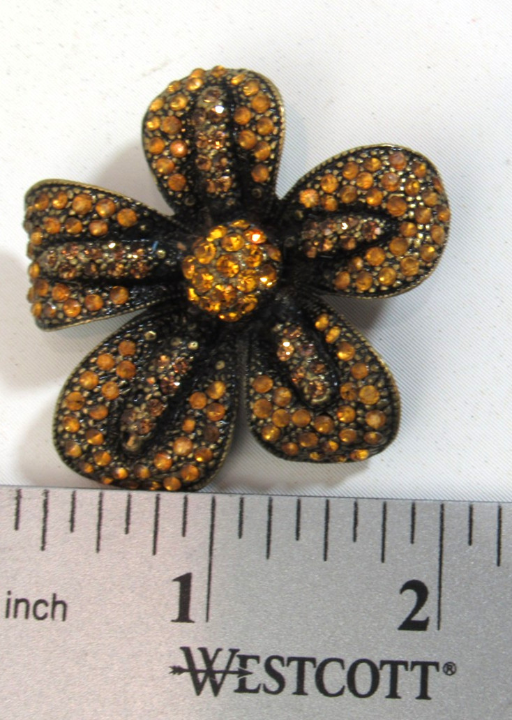 Vintage Erica Lyons Amber Rhinestone on Black Flower Brooch Pin