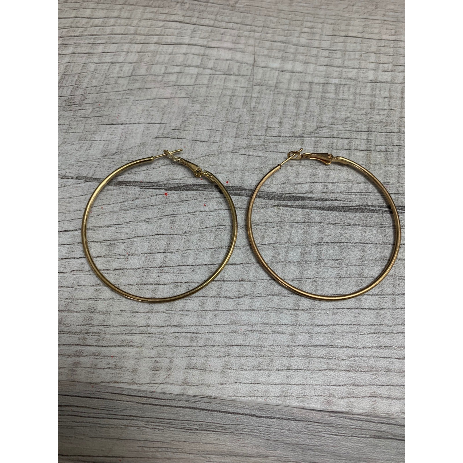 Gold Tone Large Thin Hoop Earrings Polished Classic Round Latch Back 2.25 Inch