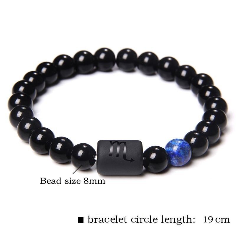Zodiac Sign Natural Black Stone Beaded Elastic Stylish Bracelet Astrological