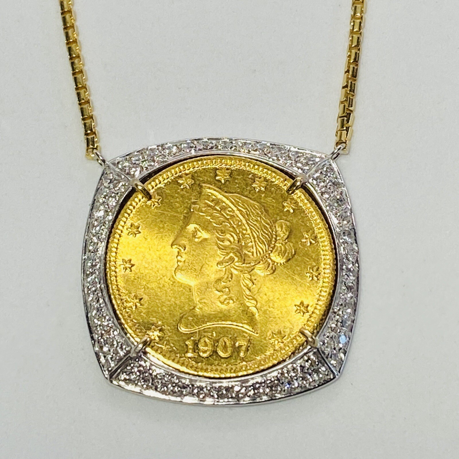 US 1907 $10 Coin 18K Two Tone Gold 1.40ctw Diamond Pendant 21″ Necklace 36.3g
