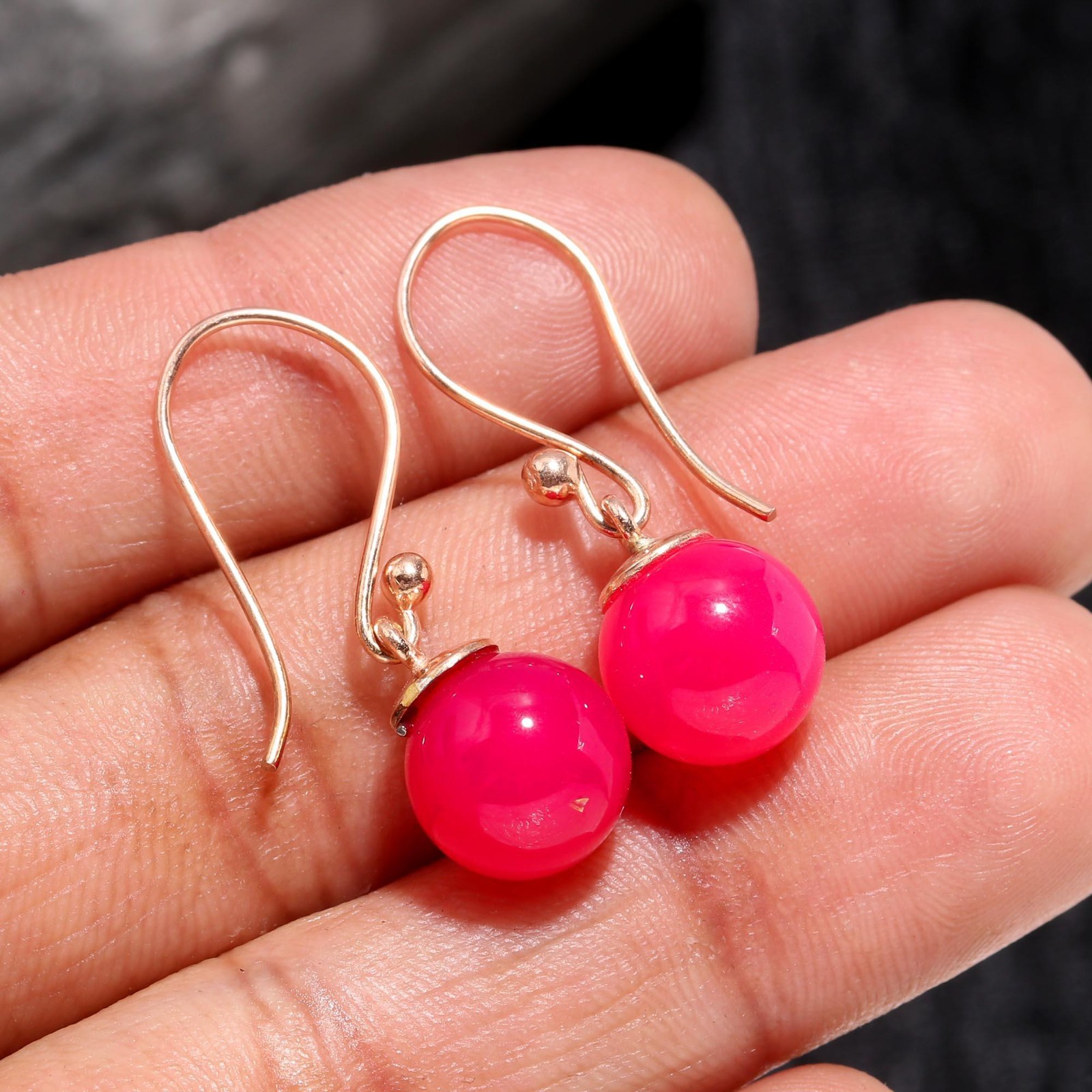 Natural Pink Chalcedony Ball Dangle Earrings Rose Gold Fill Solid Silver Jewelry