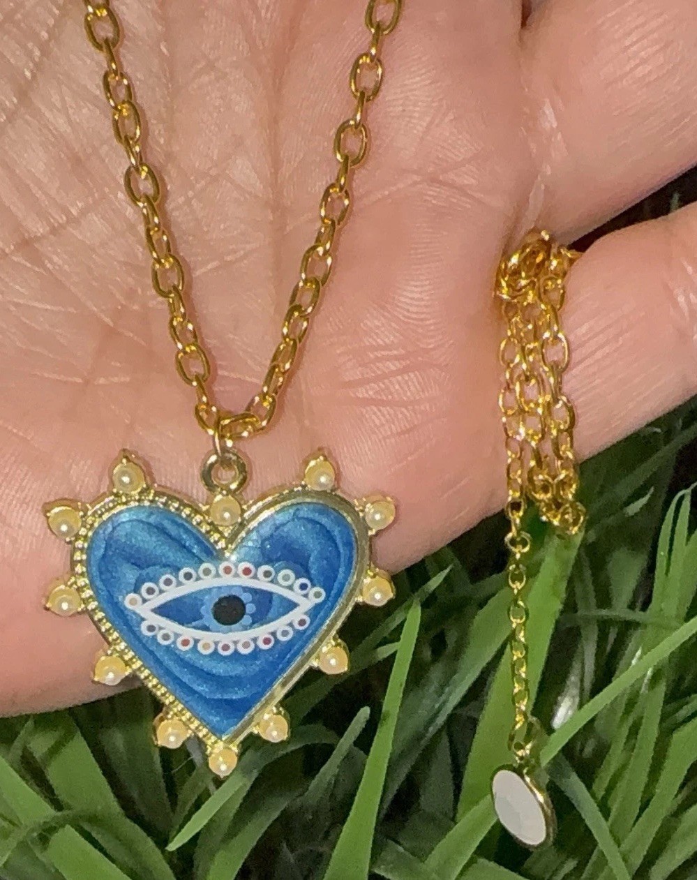 New/ Blue evil eye heart with pearls / Necklace 18” Brass