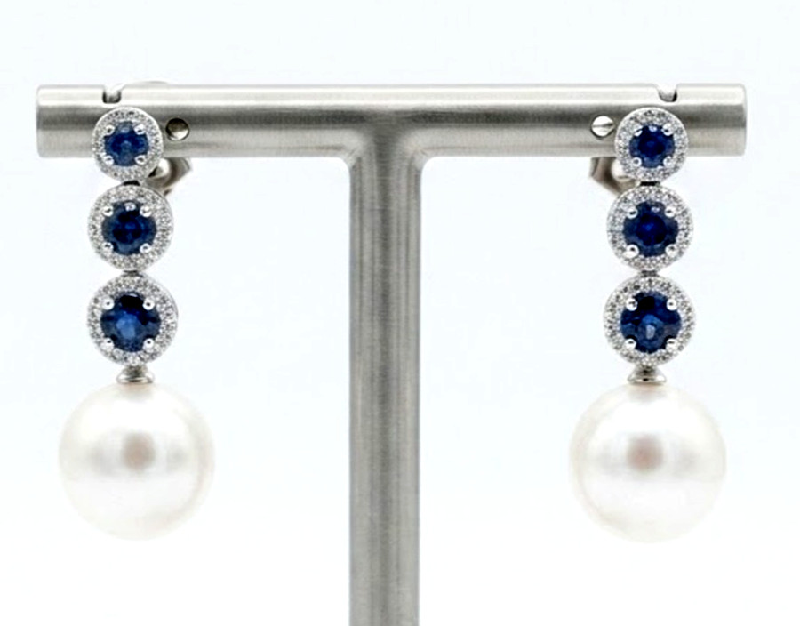 1.60ct Natural Diamond 14k BIS Hallmarked WhiteGold Sapphire Pearl Stud Earrings