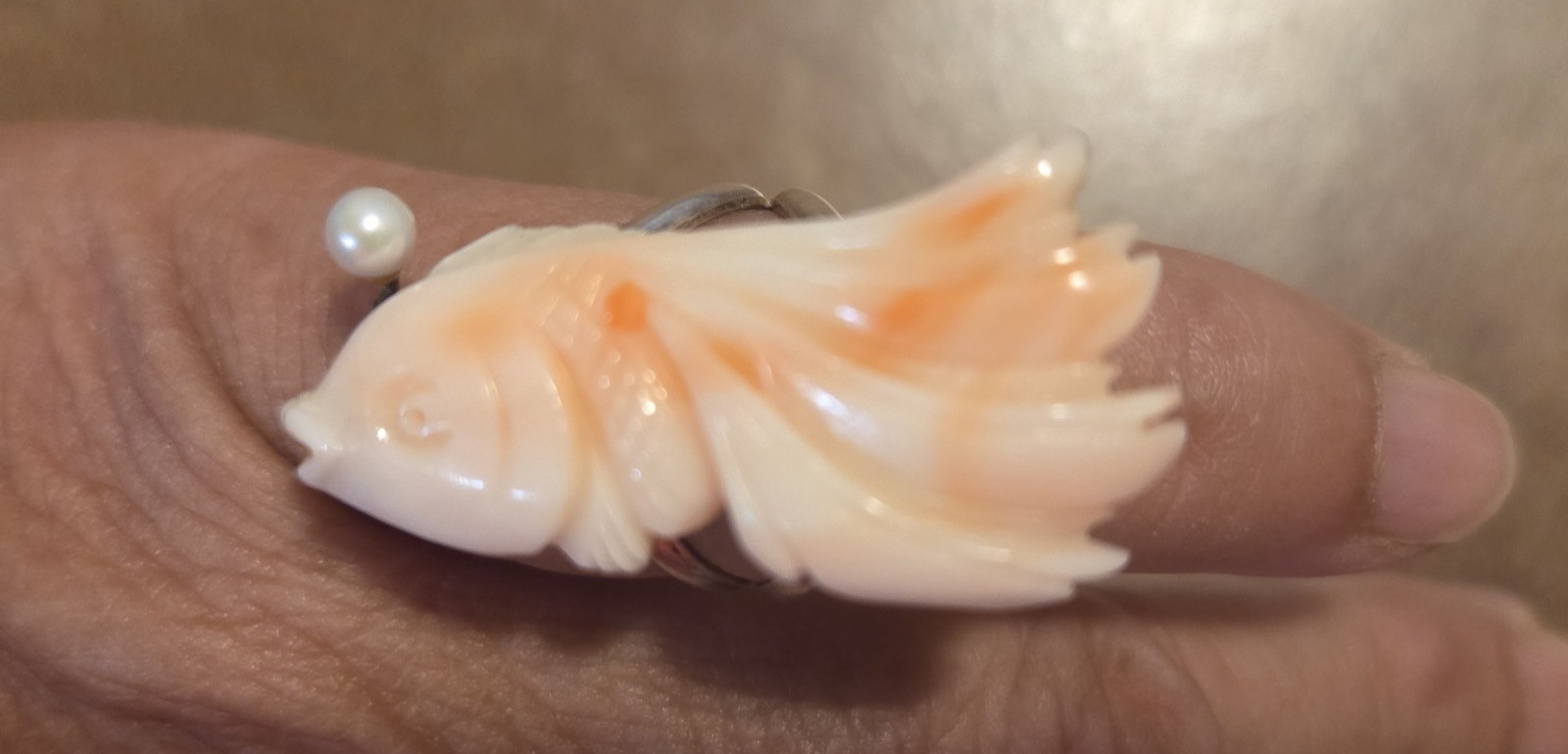 Hawaiian Pink & Angel Skin Coral Koi Fish Sterling Silver Small Ring