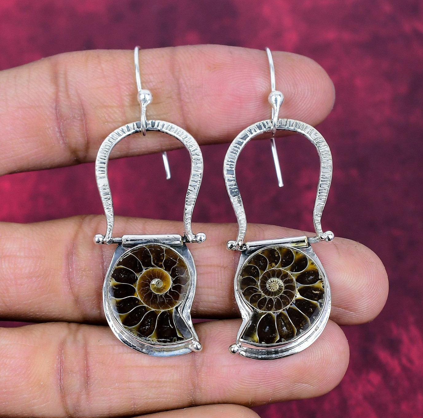 Ammonite Fossil Gemstone 925 Sterling Silver Handmade Bohemian Jewelry Earrings